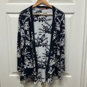 Bellini open front sweater cardigan, blue & cream floral print, XL